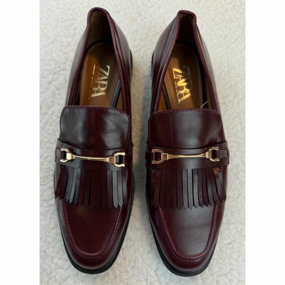 ZARA • Burgundy Leather Fringe Loafers w/ Gold Horsebit Hardware, EU 40 (US 9) - Picture 2 of 16